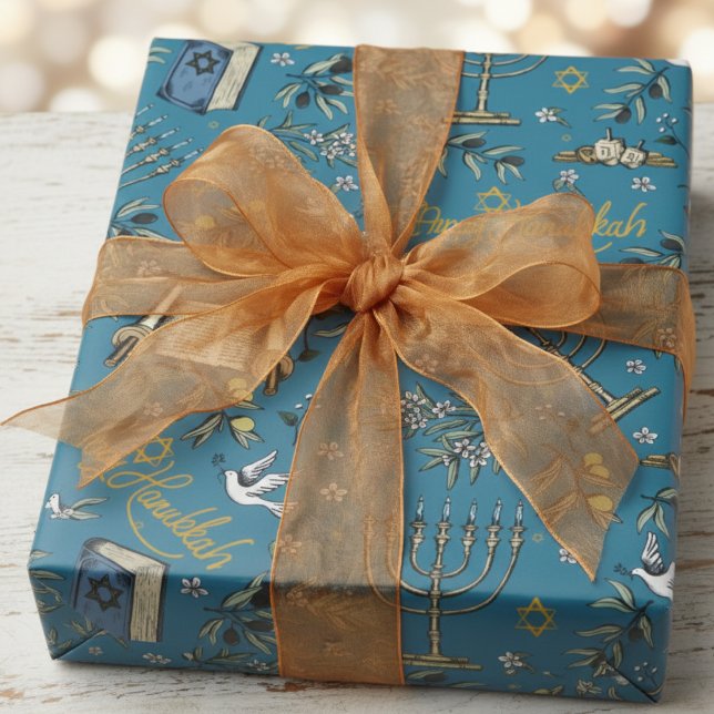 Jewish Happy Hanukkah Menorah & Olive Branches Geschenkpapier (Happy Hanukkah Wrapping Paper. Festive Jewish Menorah, Dreidel, Dove, Olive Branches, Torah Pattern)