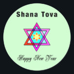 Jewish Star Shana Tova Runder Aufkleber<br><div class="desc">Shana Tova Jewish Star besticht durch einen hebräischen Glasstar aus David und einen sonnigen Gruß für ein glückliches Neues Jahr.</div>