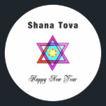 Jewish Star Shana Tova Runder Aufkleber<br><div class="desc">Shana Tova Jewish Star besticht durch einen hebräischen Glasstar aus David und einen sonnigen Gruß für ein glückliches Neues Jahr.</div>