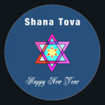 Jewish Star Shana Tova Runder Aufkleber<br><div class="desc">Shana Tova Jewish Star besticht durch einen hebräischen Glasstar aus David und einen sonnigen Gruß für ein glückliches Neues Jahr.</div>