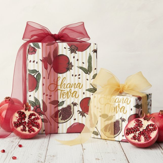 Jewish Striped Yellow Shanah Tovah Pomegranate  Geschenkpapier (Shana Tova Jewish New Year Rosh Hashanah Wrapping Paper. Red Pomegranate Fruit Butter Yellow Stripes)