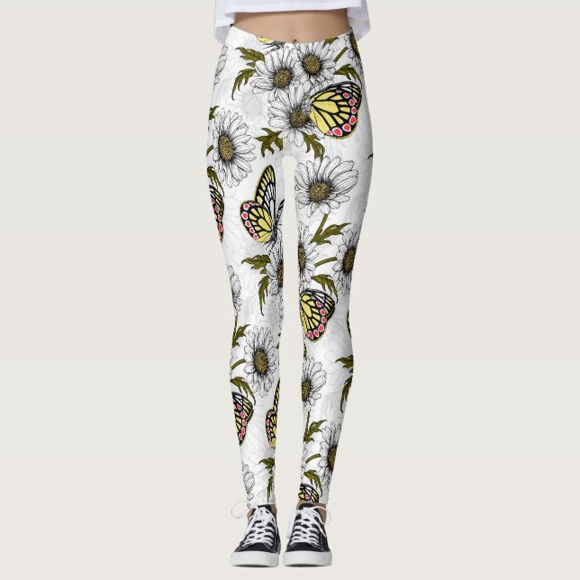 Jezebel-Schmetterlinge und weiße Blume Leggings (Vorderseite)