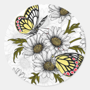 Jezebel-Schmetterlinge und weiße Blume Runder Aufkleber
