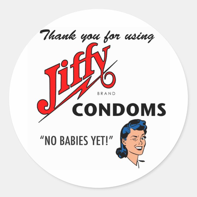 Jiffy Brand Condom Gear! Runder Aufkleber (Vorderseite)