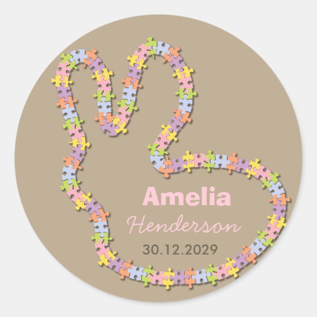 Jigsaw Bunny Baby Girl Gift Favor Label Sticker (Vorderseite)