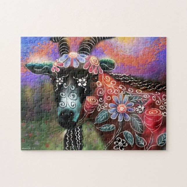 Jigsaw Puzzle - Whimsical Floral Goat Abstrakt Art (Horizontal)