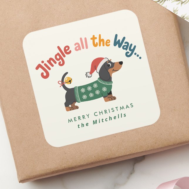 Jingle All the Way – Cute Holiday Pet Gift & Mail Quadratischer Aufkleber (Von Creator hochgeladen)