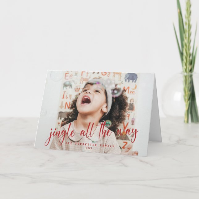 Jingle All The Way Red Script 2 Foto Holiday Card Karte (Vorderseite)