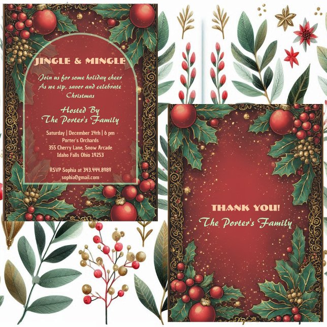 Jingle and Mingle Christmas Holly Motifs Red Berry Einladung (Jingle and Mingle Christmas Holly Motifs Red Berry Invitation)