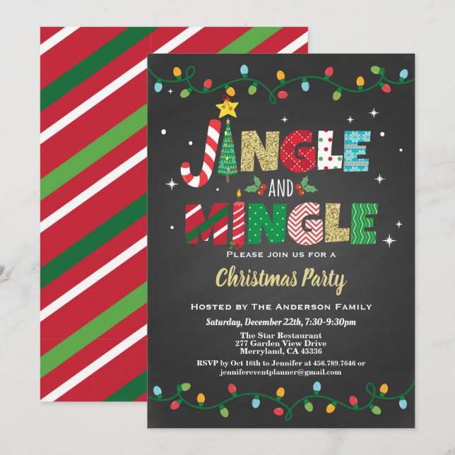 Jingle and Mingle Christmas Party Black and Gold Einladung (Vorne/Hinten)