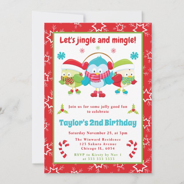 Jingle and Mingle Owls Christmas Kindergeburtstag Einladung (Vorderseite)