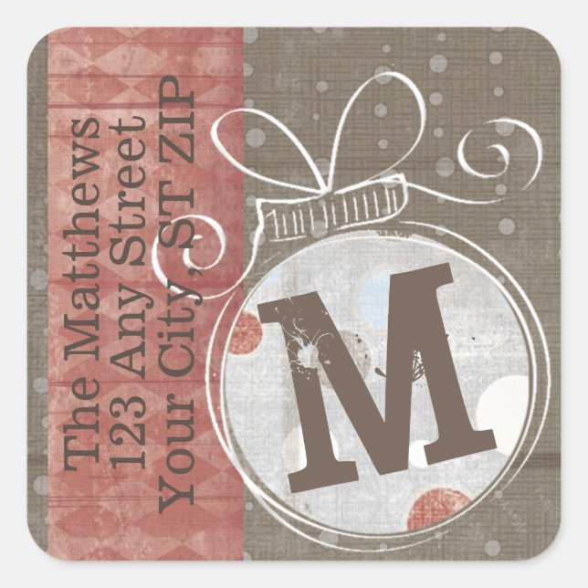 Jingle Bell Monogram Rücksendeadresse Quadratischer Aufkleber (Vorderseite)