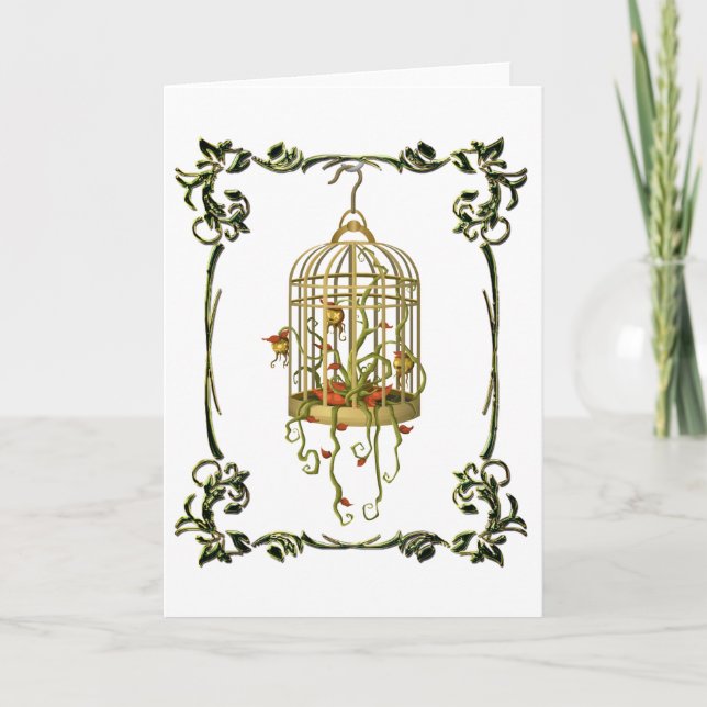 Jingle Bell Pflanze in Birdcage Art Nouveau Unikat Karte (Vorderseite)