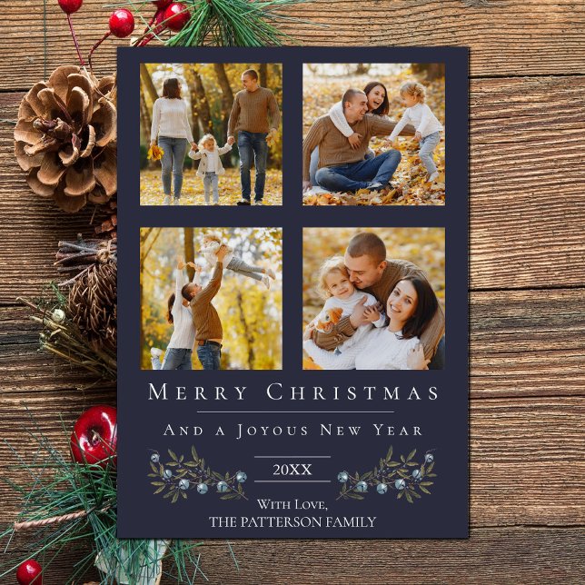 Jingle Bells Foto Collage Weihnachten | Blau (Blue Jingle Bells Four Photo Christmas Holiday Card)