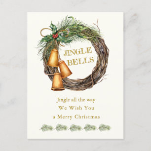 Jingle Bells Holly Pine Christmas Holiday Postcard Feiertagspostkarte