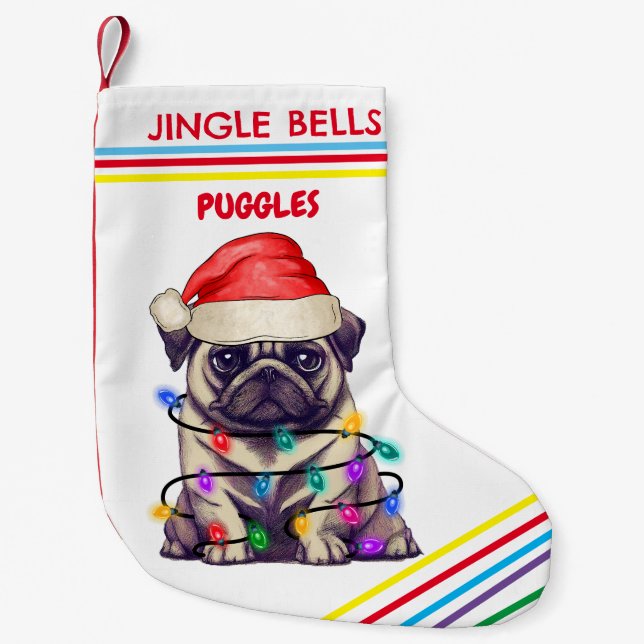 JINGLE BELLS MOPS Weihnachts-Strumpf mit Namen. Kleiner Weihnachtsstrumpf (Vorderseite)