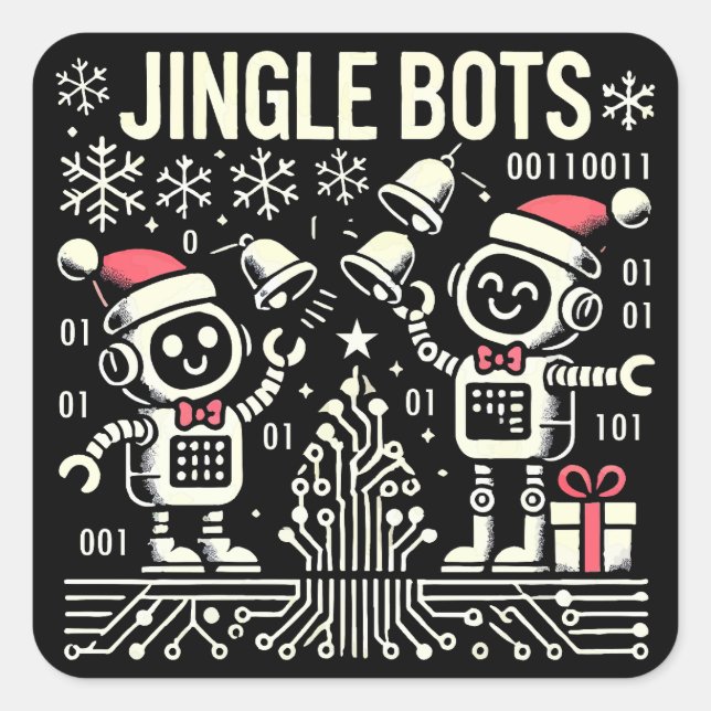 Jingle Bots Festive Holiday Roboter mit Weihnachts Quadratischer Aufkleber (Vorderseite)