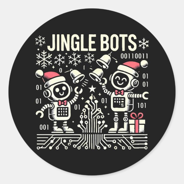 Jingle Bots Festive Holiday Roboter mit Weihnachts Runder Aufkleber (Vorderseite)
