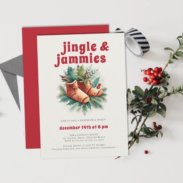 Jingle Jammies PJ Elf Friendsmas Christmas Party Einladung (friendsmas christmas party invitation funny jingle jammies pj slumber sleepover elf slippers )