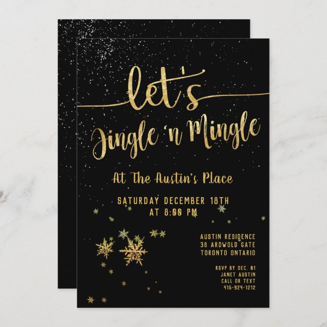 Jingle Mingle Black Gold Calligraphy Holiday Party Einladung (Vorne/Hinten)