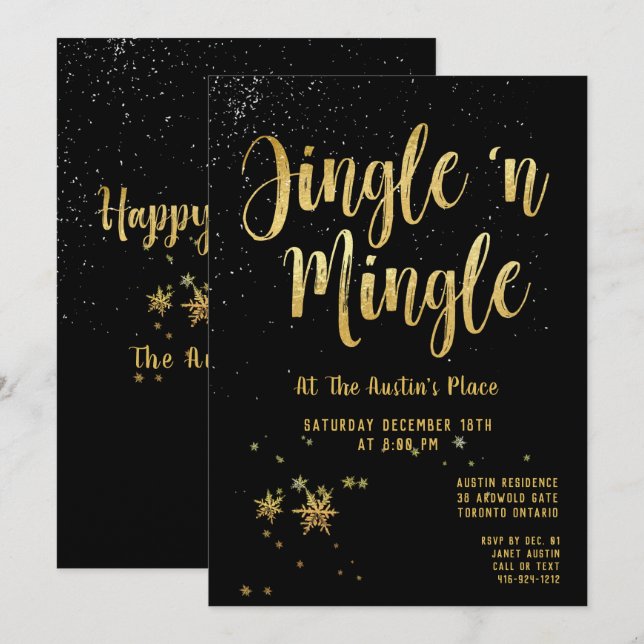 Jingle Mingle Black Gold Calligraphy Holiday Party Einladung (Vorne/Hinten)