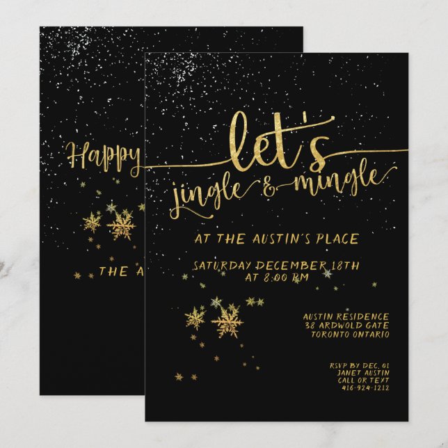 Jingle Mingle Black Gold Calligraphy Holiday Party Einladung (Vorne/Hinten)