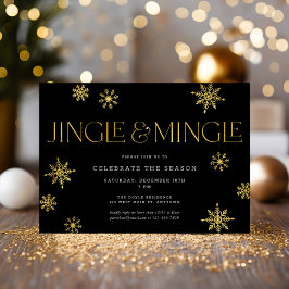 Jingle & Mingle Black Gold Snowflakes Party Einladung
