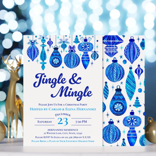 Jingle & Mingle Blue Christmas Baubles Watercolor Einladung (Jingle & Mingle Blue Christmas Baubles Watercolor Invitation)