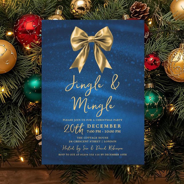Jingle Mingle Christmas Gold Bow Silver Blue  Einladung (Jingle Mingle Christmas Gold Bow Silver Blue Invitation)