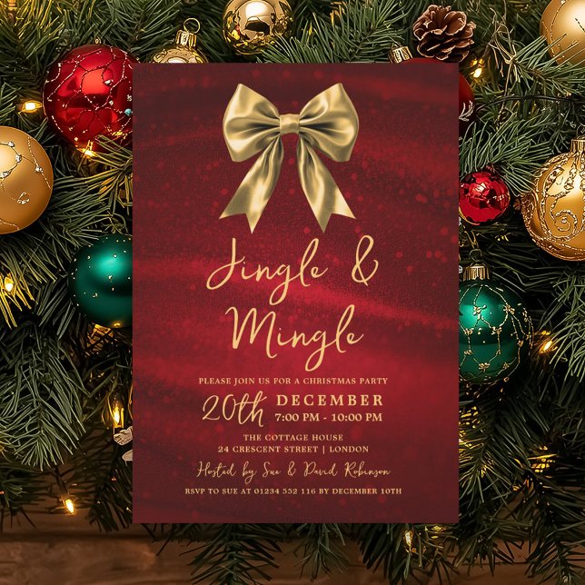 Jingle Mingle Christmas Party Gold Bow Silver Red Einladung (Jingle Mingle Christmas Party Gold Bow Silver Red Invitation)