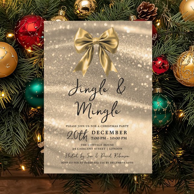 Jingle & Mingle Christmas Party Gold Sparkle Bow  Einladung (Von Creator hochgeladen)