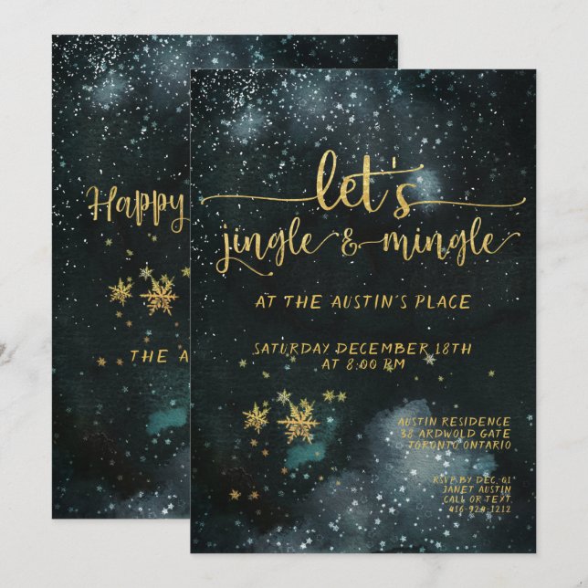 Jingle & Mingle Gold Calligraphy Holiday Party Einladung (Vorne/Hinten)