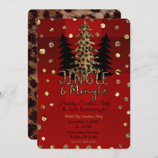 Jingle & Mingle Gold Glam Leopard Christmas Party Einladung (Vorne/Hinten)