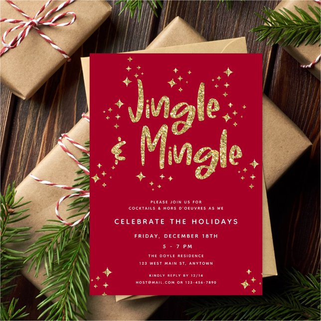 Jingle & Mingle Imitats Gold Glitzer Holiday Party Einladung (Von Creator hochgeladen)