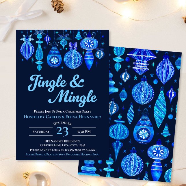 Jingle & Mingle Navy Christmas Baubles Watercolor Einladung (Jingle & Mingle Navy Christmas Baubles Watercolor Invitation)