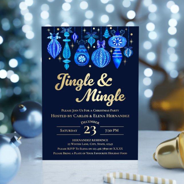 Jingle & Mingle Navy Christmas Baubles Watercolor Folieneinladung (Jingle & Mingle Navy Christmas Baubles Watercolor Foil Invitation)