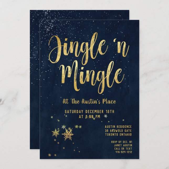 Jingle Mingle Navy Gold Calligraphy Holiday Party Einladung (Vorne/Hinten)
