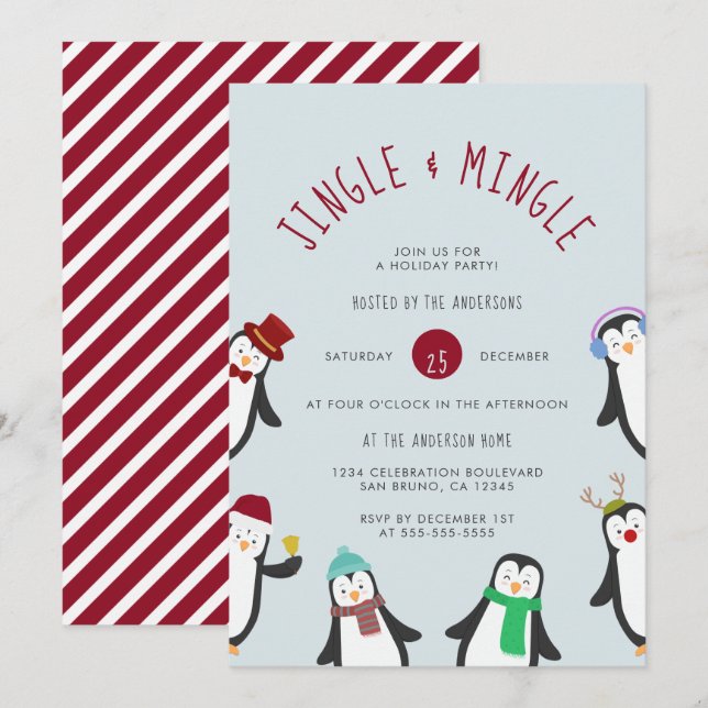 Jingle & Mingle Penguin Holiday Party Einladung (Vorne/Hinten)