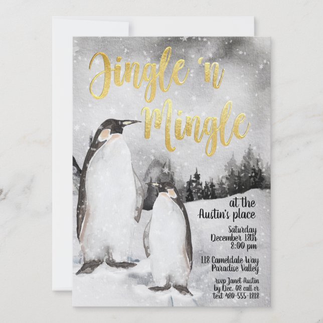 Jingle & Mingle Watercolor Pinguine Party Einladun Einladung (Vorderseite)