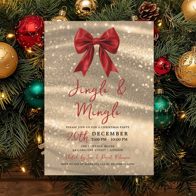 Jingle & Mingle Xmas Party Gold Sparkle Red Bow  Einladung (Jingle & Mingle Xmas Party Gold Sparkle Red Bow Invitation)