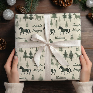 Jingle NeighHorses and Pine Tree Green Christmas Geschenkpapier