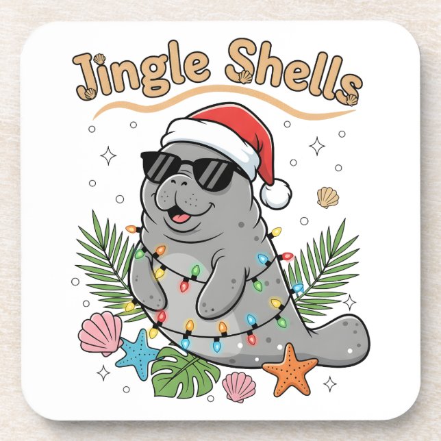 Jingle Shells Tropical Santa Manatee Christmas Getränkeuntersetzer (Vorderseite)