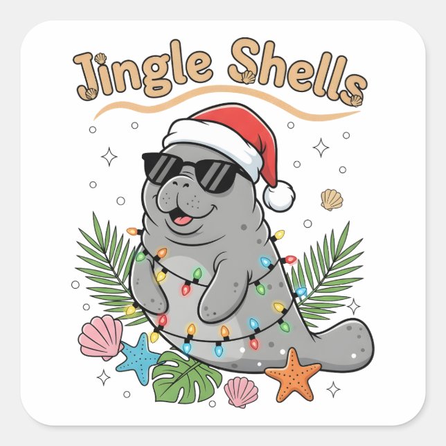 Jingle Shells Tropischer Weihnachtsmann-Manatee Quadratischer Aufkleber (Vorderseite)