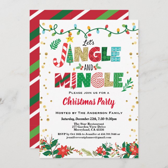 Jingle und Mingle Christmas Party white and gold Einladung (Vorne/Hinten)