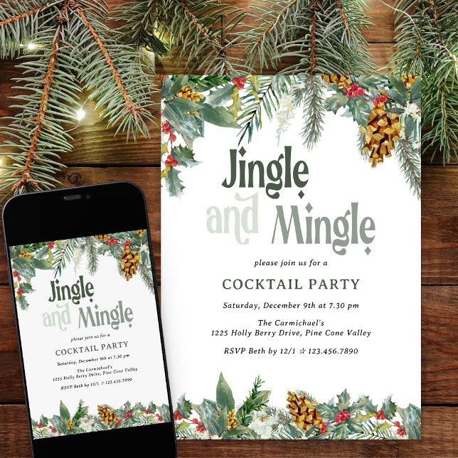 Jingle und Mingle Holly Pine Christmas Cocktail Einladung (Jinghle & Mingle christmas cocktail party invitation with holly and pine cones)