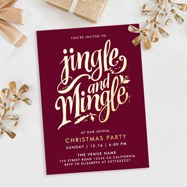 Jingle und Mingle Modern Burgundy Gold Calligraphy Folieneinladung (Von Creator hochgeladen)