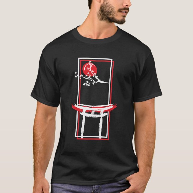 Jingū Torii Tor mit Blumenmoon und Sakura Tree T-Shirt (Vorderseite)