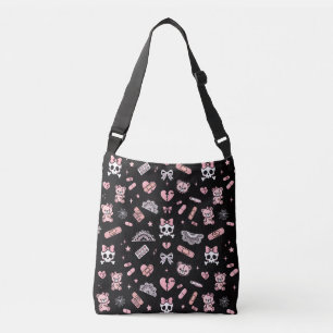 Jirai Kei Umhängetasche Schwarz Rosa Totenkopf Tragetaschen Mit Langen Trägern