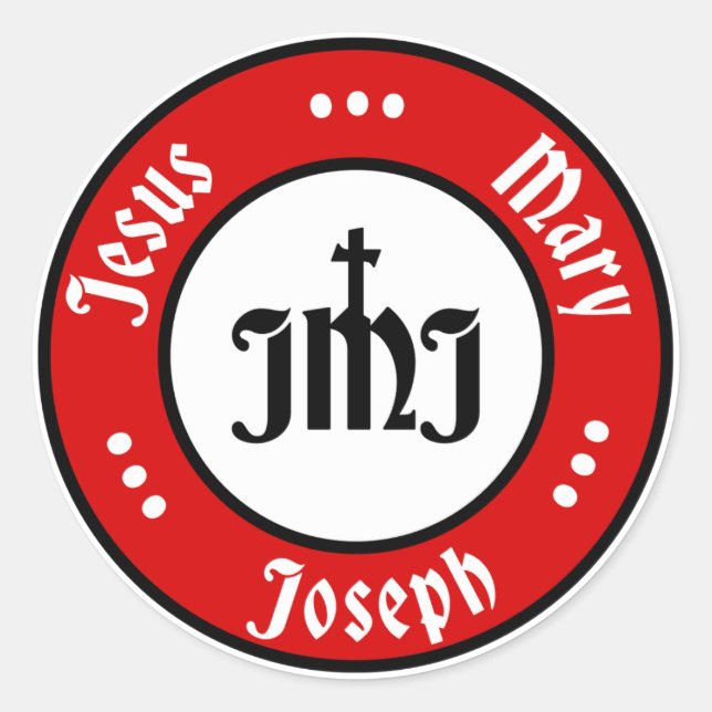 JMJ: Jesus, Mary, Joseph Logo (rot) Runder Aufkleber (Vorderseite)