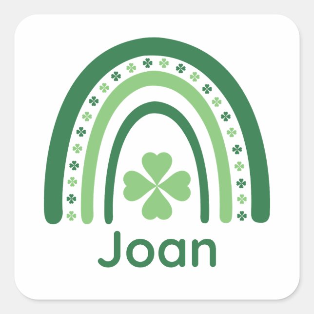 Joan Name Clover Boho Rainbow Quadratischer Aufkleber (Vorderseite)